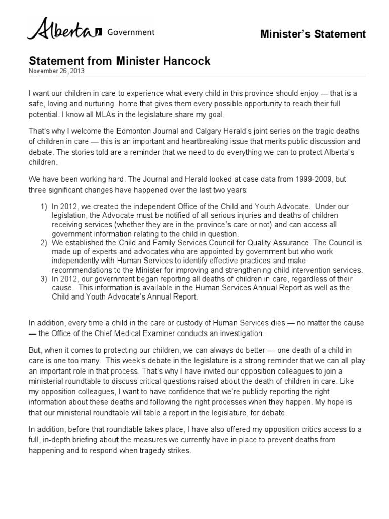 Alberta Minister's Statement on Child Welfare | PDF | Government Health ...