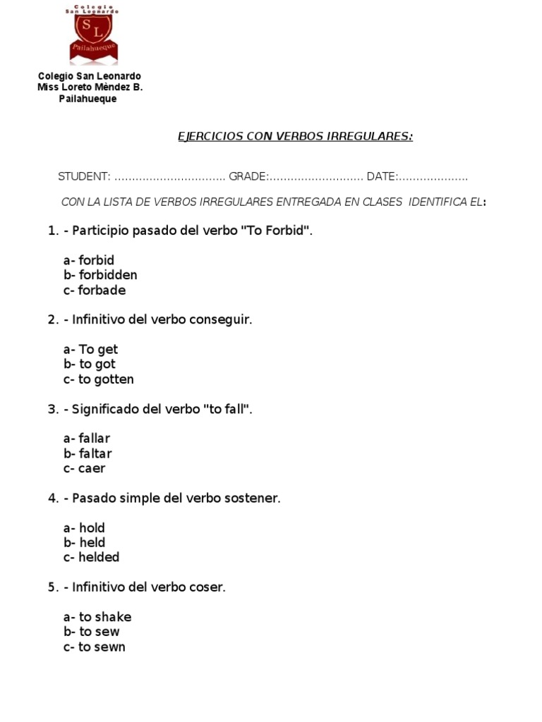 Ejercicios de Verbos Irregulares en Inglés | PDF | Artes del Lenguaje y ...