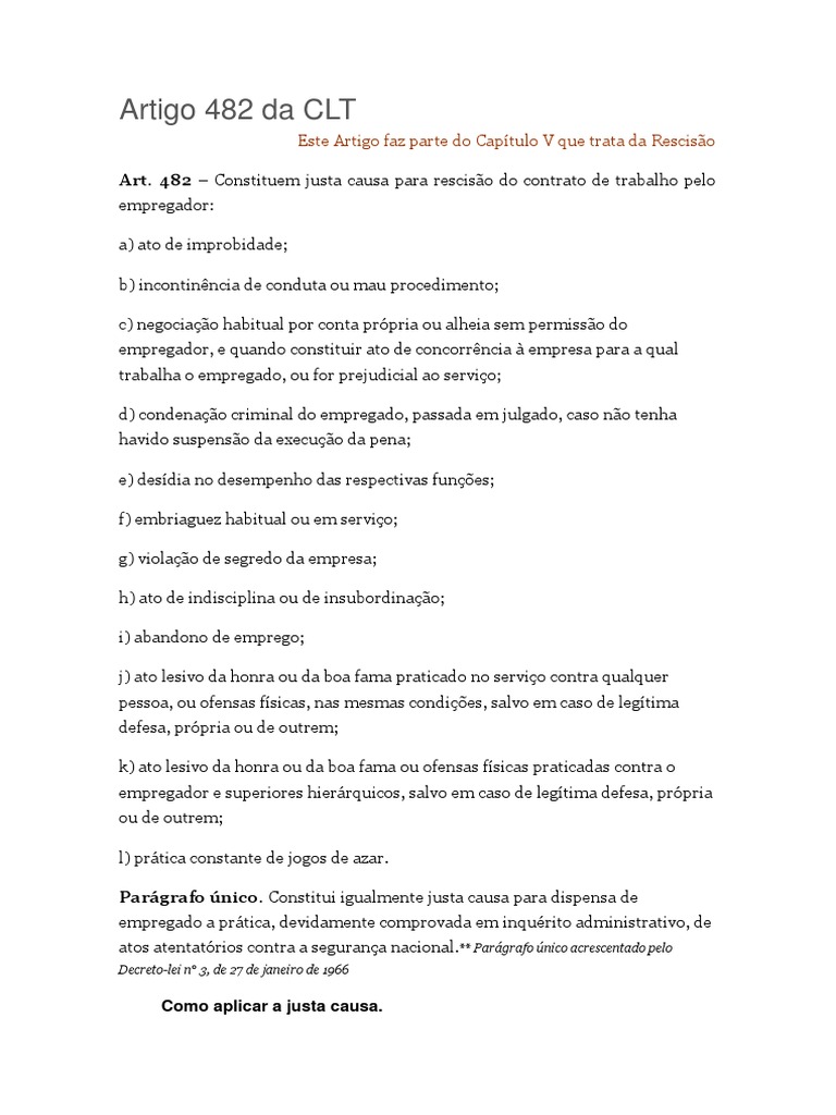 Artigo 482 Da CLT e Justa Causa | Trabalho Temporário | Lei Estatutária ...