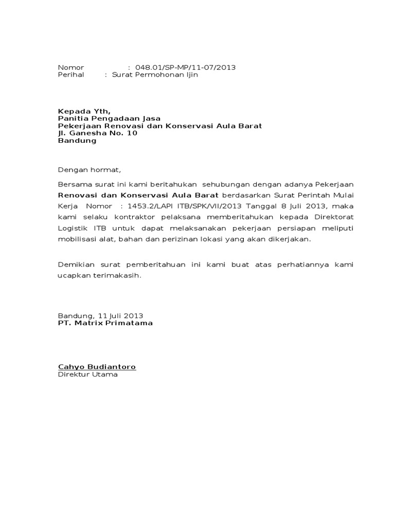 Contoh Surat Permohonan Izin Kerja Proyek