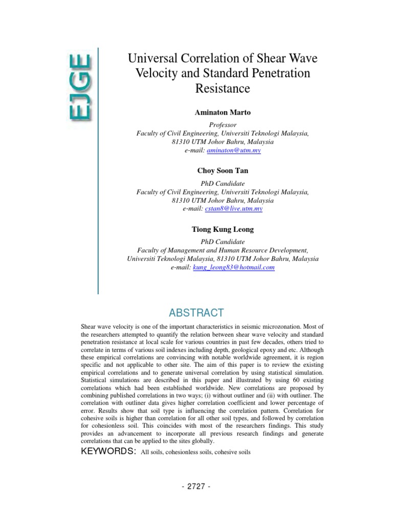 Universal Correlation of Shear Wave Velocity and Standard Penetration ...