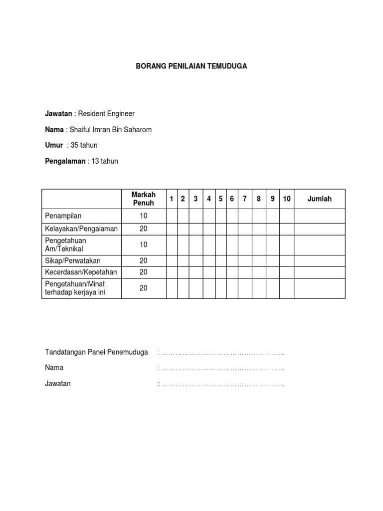 Penemuduga Contoh Borang Penilaian Temuduga Kerja