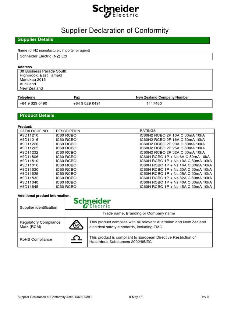 Supplier Declaration of Conformity Acti 9 iC60 RCBO