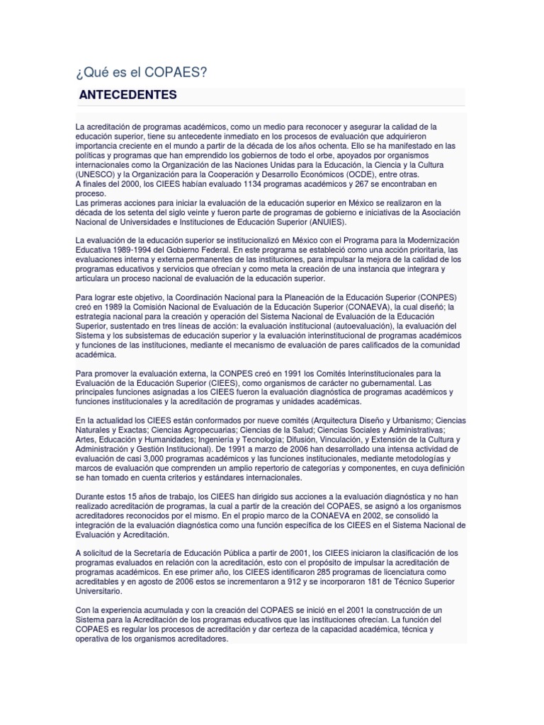 ¿Qué es el COPAES y su función? | PDF | Evaluación | Organización no ...