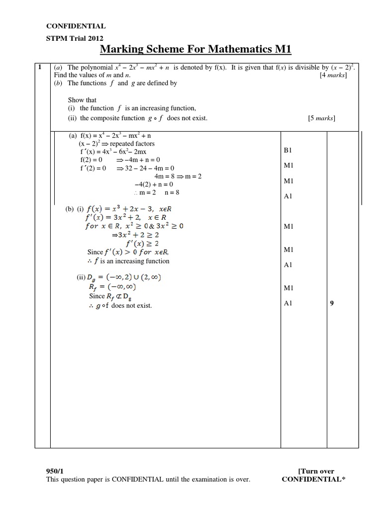 Marking Scheme For Mathematics M1: Confidential STPM Trial 2012 ...