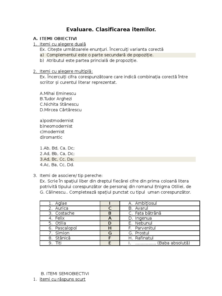 Tipuri de Itemi - Evaluare | PDF