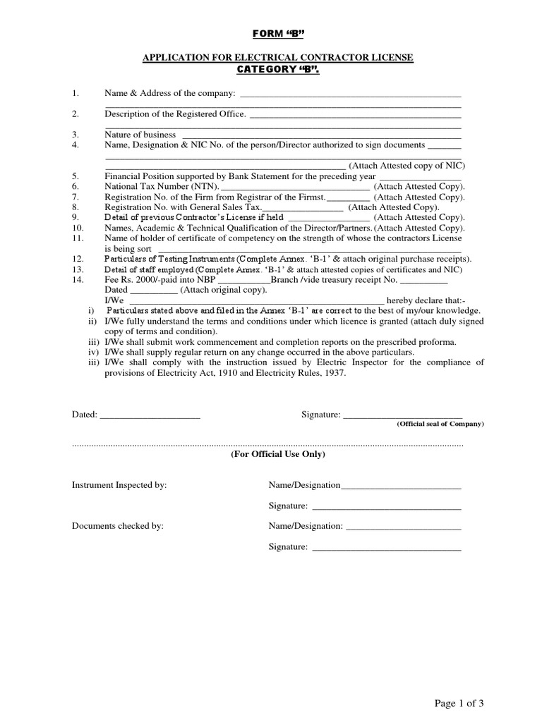 Application for Electrical Contractor License Category b License