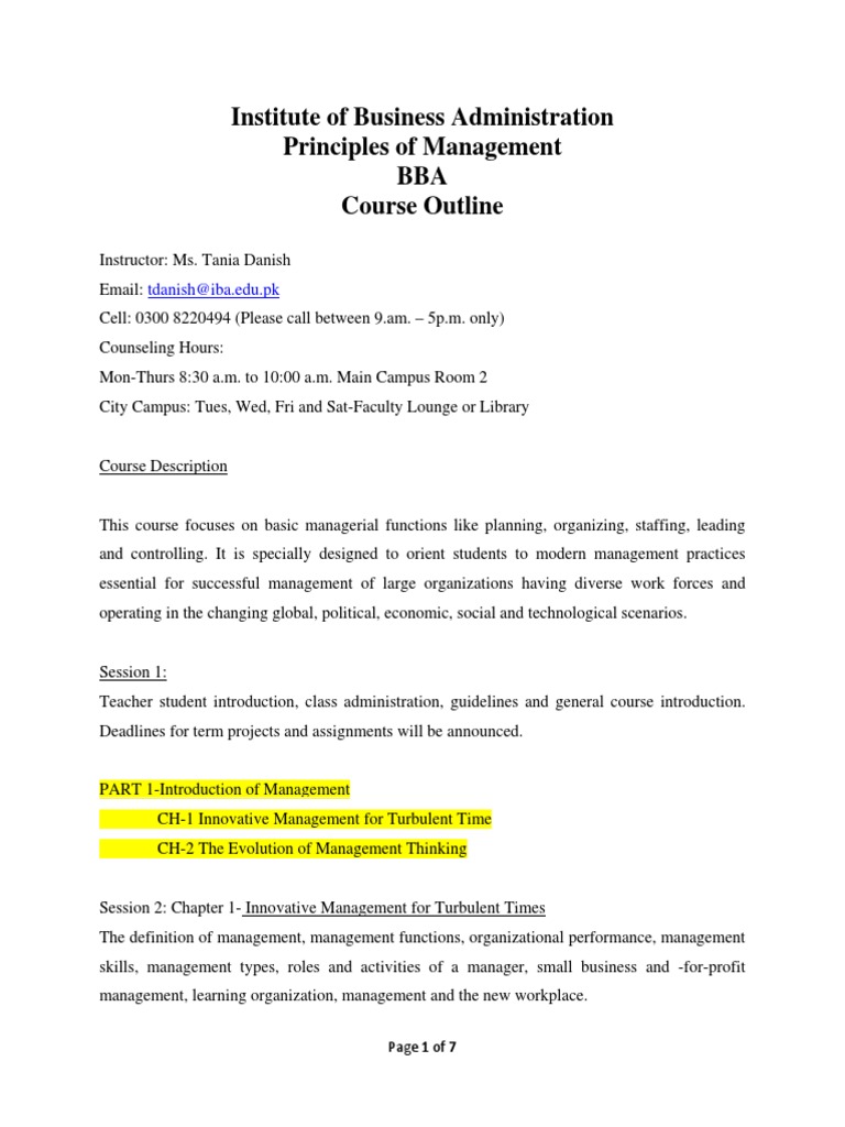 Institute of Business Administration Principles of Management BBA ...