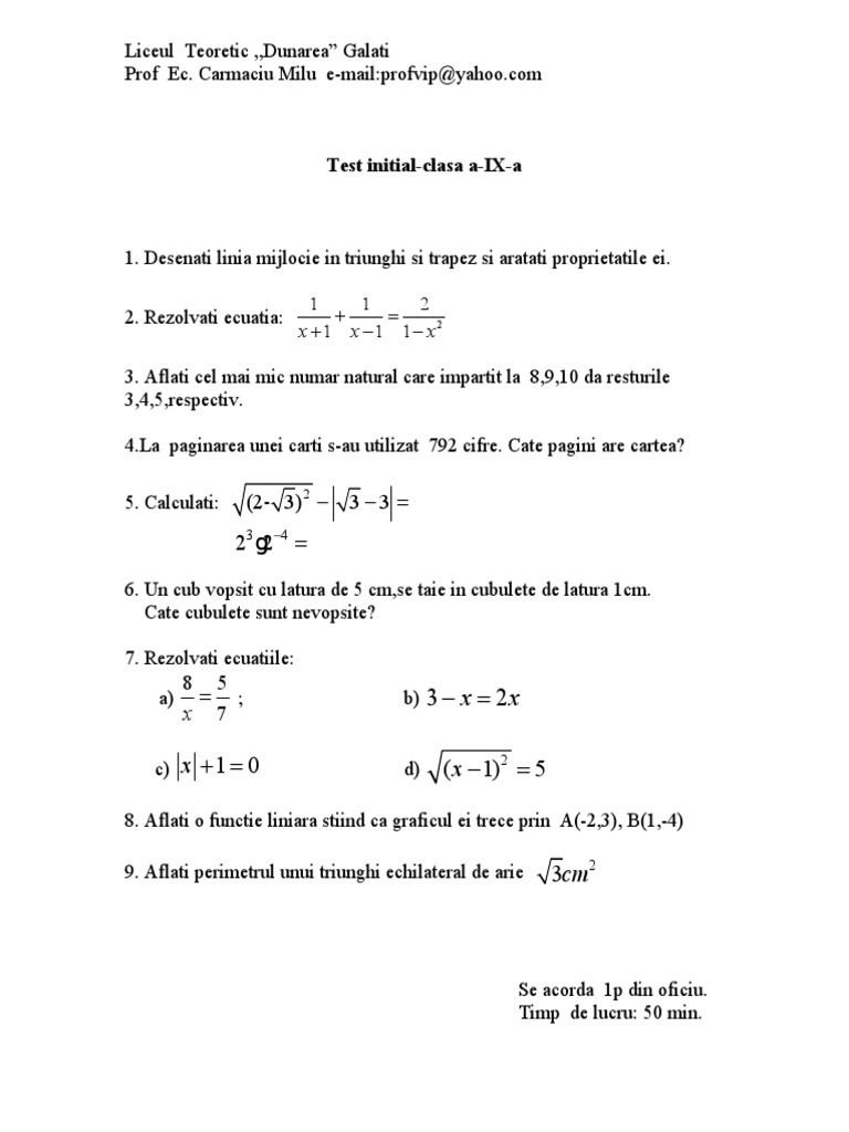 Test Initial Clasa A 9 A | PDF