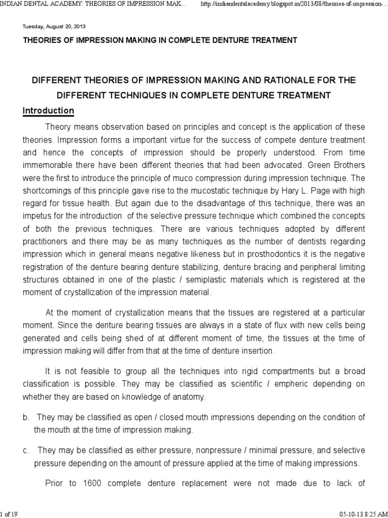 Theories of Impression Making in Complete Denture Treatment A