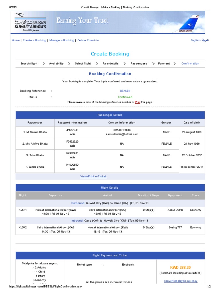 Kuwait Airways _ Make a Booking _ Booking Confirmation Kuwait Fare