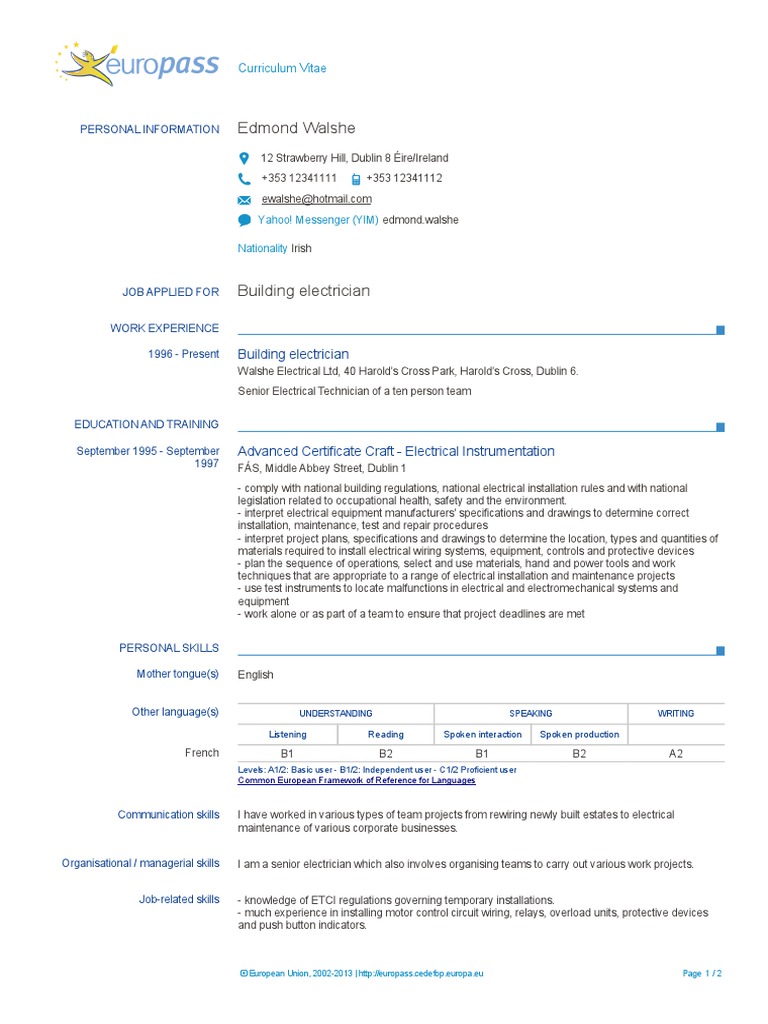 Europass Cv Example 1 En Ie Electrician Electrical Engineering