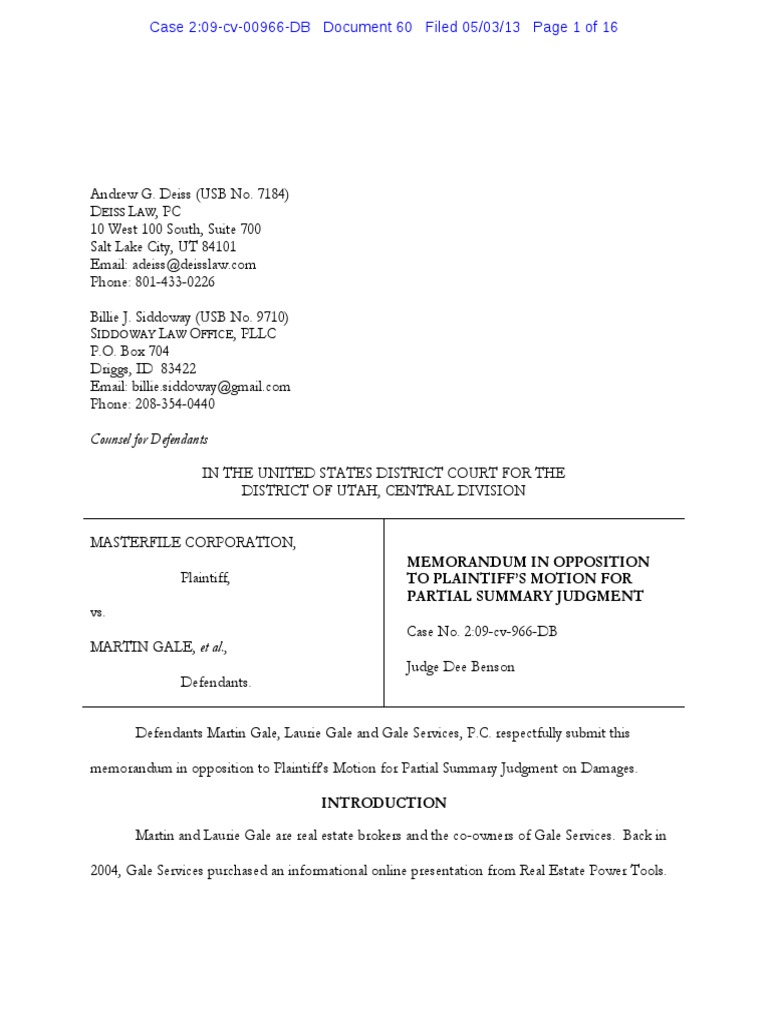 60.0 Memorandum in Opposition of Summary Judgment Lawsuit Damages