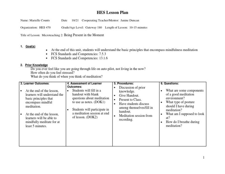 Mindfulness Meditation Lesson Plan | PDF