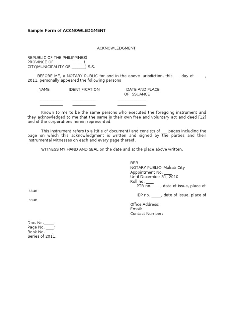 Sample Notary Acknowledgment Form | PDF