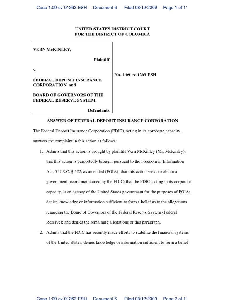 Document 6 FDIC Answer | PDF | Freedom Of Information Act (United ...
