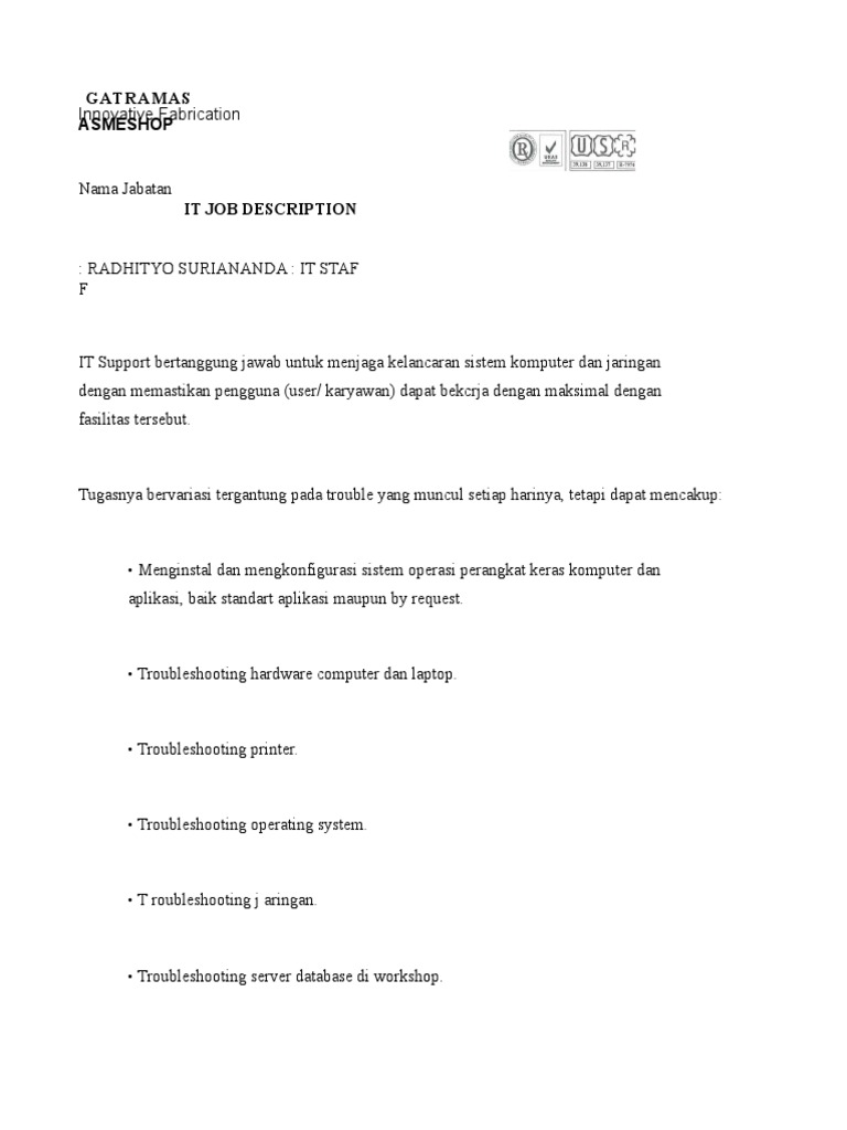 IT Support Job Description at Gatramas | PDF | Business | Computers