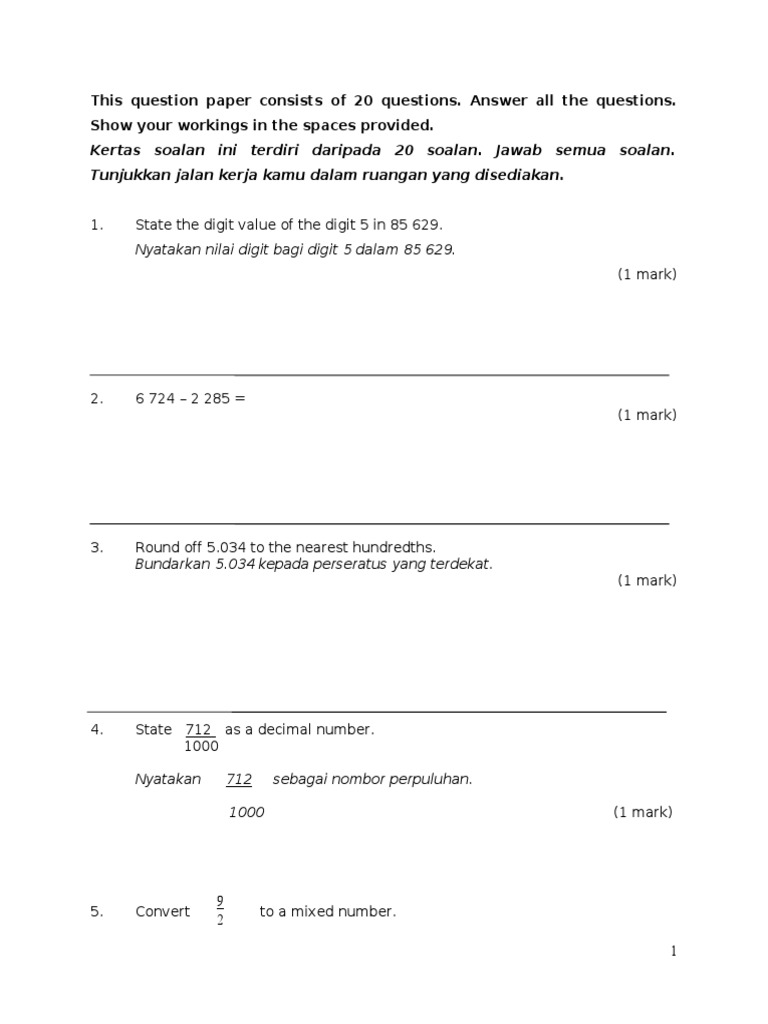 Soalan Peperiksaan Akhir Tahun Matematik Tahun 5  PDF
