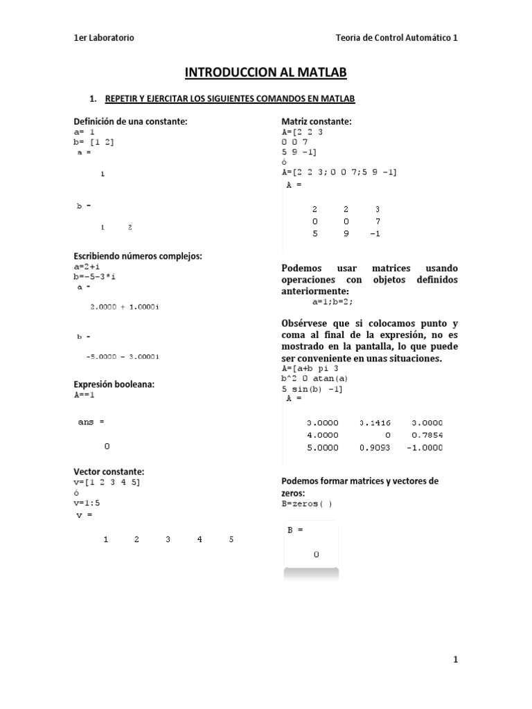 Introducción a MATLAB para Control Automático | PDF | Matriz ...