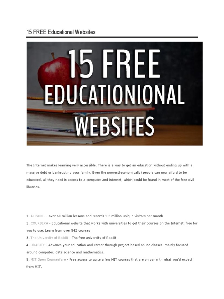 15 FREE Educational Websites | PDF | Educational Technology | Sharing