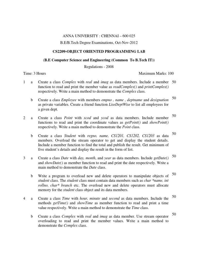 Anna University OOP Lab Exam Questions | PDF