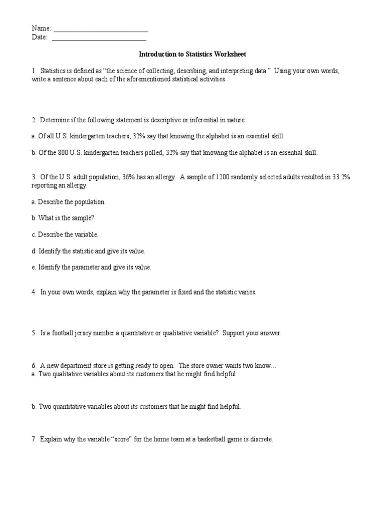 Introduction to Statistics Worksheet | Statistics | Probability And