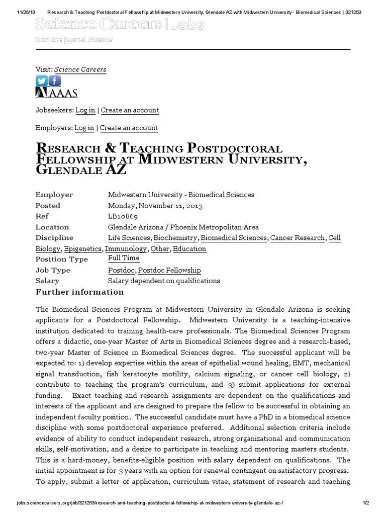 Research Teaching Postdoctoral Fellowship At Midwestern University