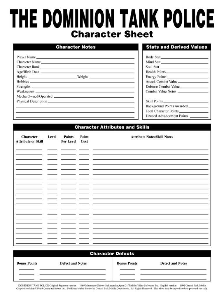 Dominion Tank Police - Character Sheet | PDF | Foreign Language Studies ...