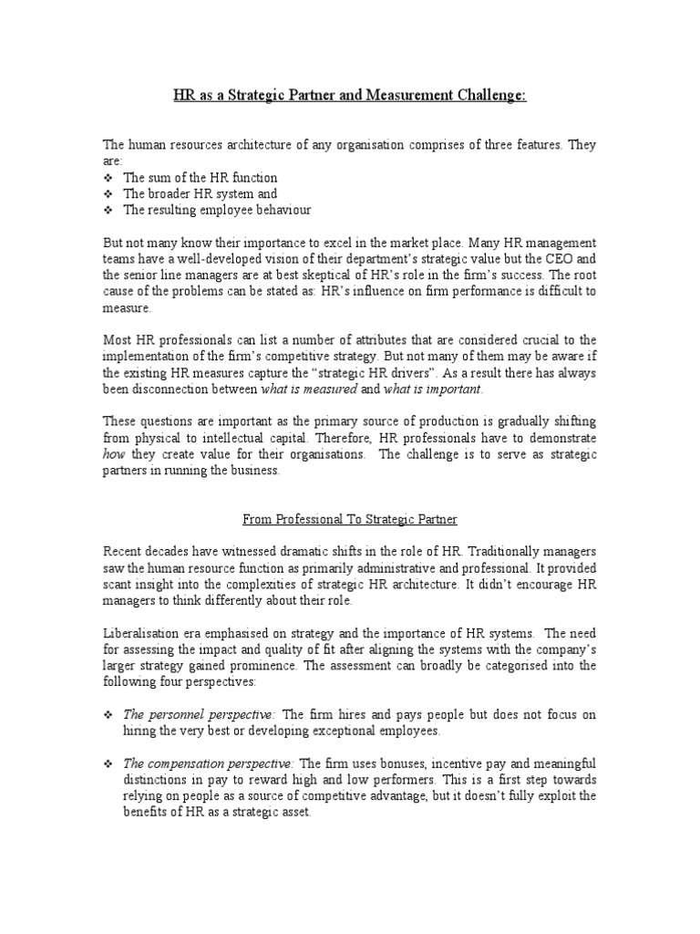 Hr As A Strategic Partner Pdf Strategic Management Innovation