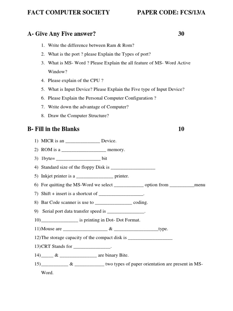 Fact Computer Society Paper Code: Fcs/13/A | PDF | Games & Activities ...