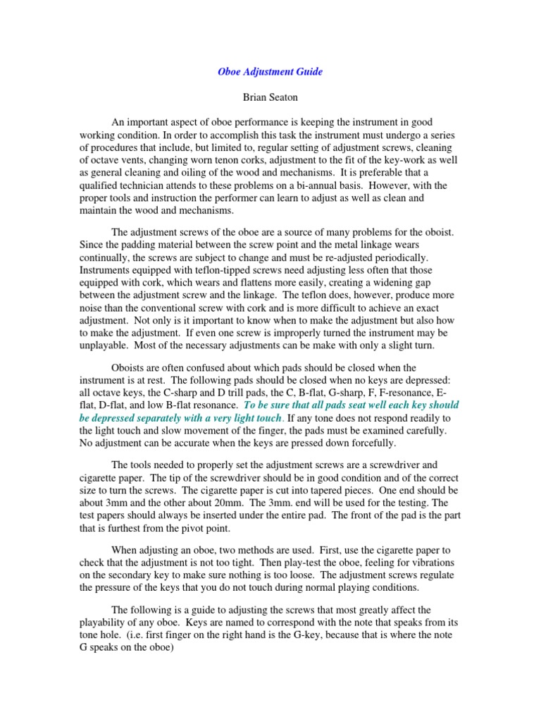 Oboe Adjustment Guide for Performers | PDF | Oboe | Screw