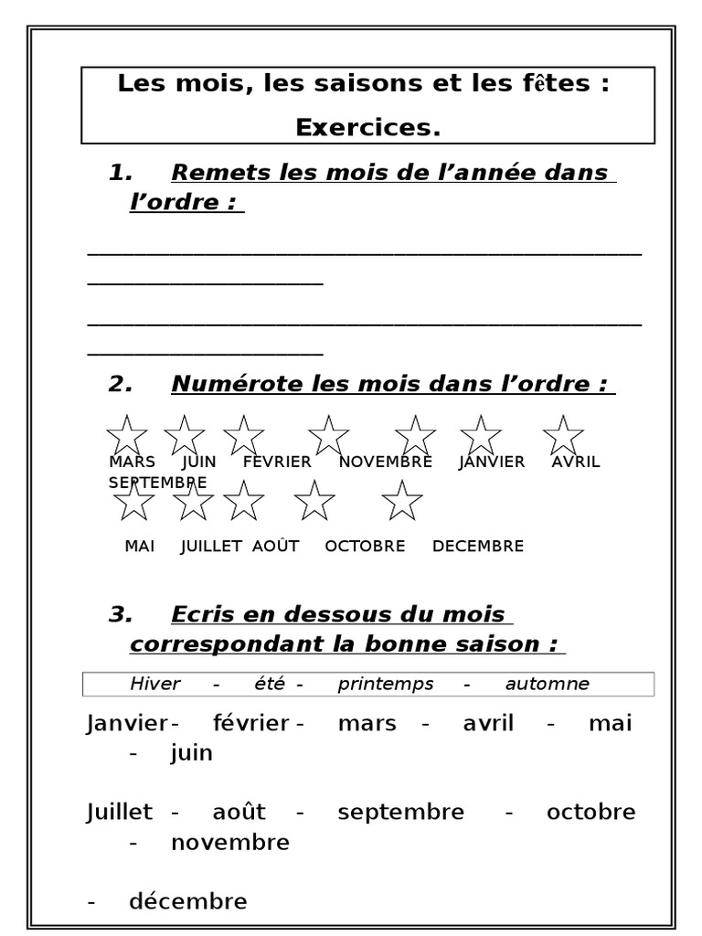 Les Mois De L année Exercices Pdf 09 02 09les Mois Les Aisons Et Les Fetes Exercices | PDF