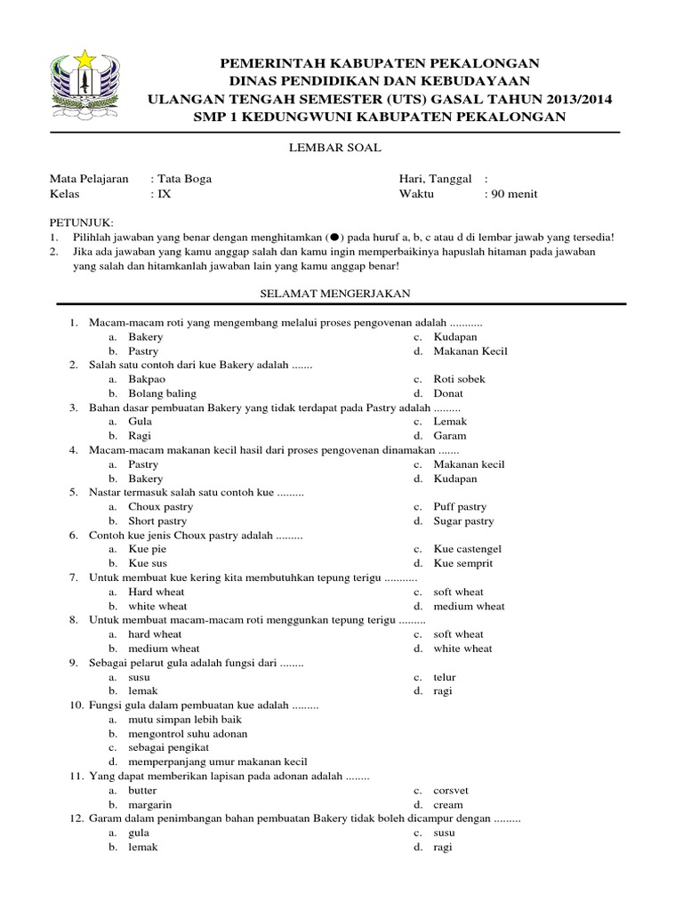 Tata Boga Soal Uts