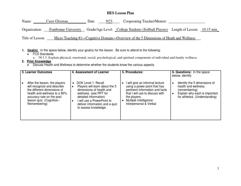 Micro 1 Lesson Plan | PDF | Self-Improvement