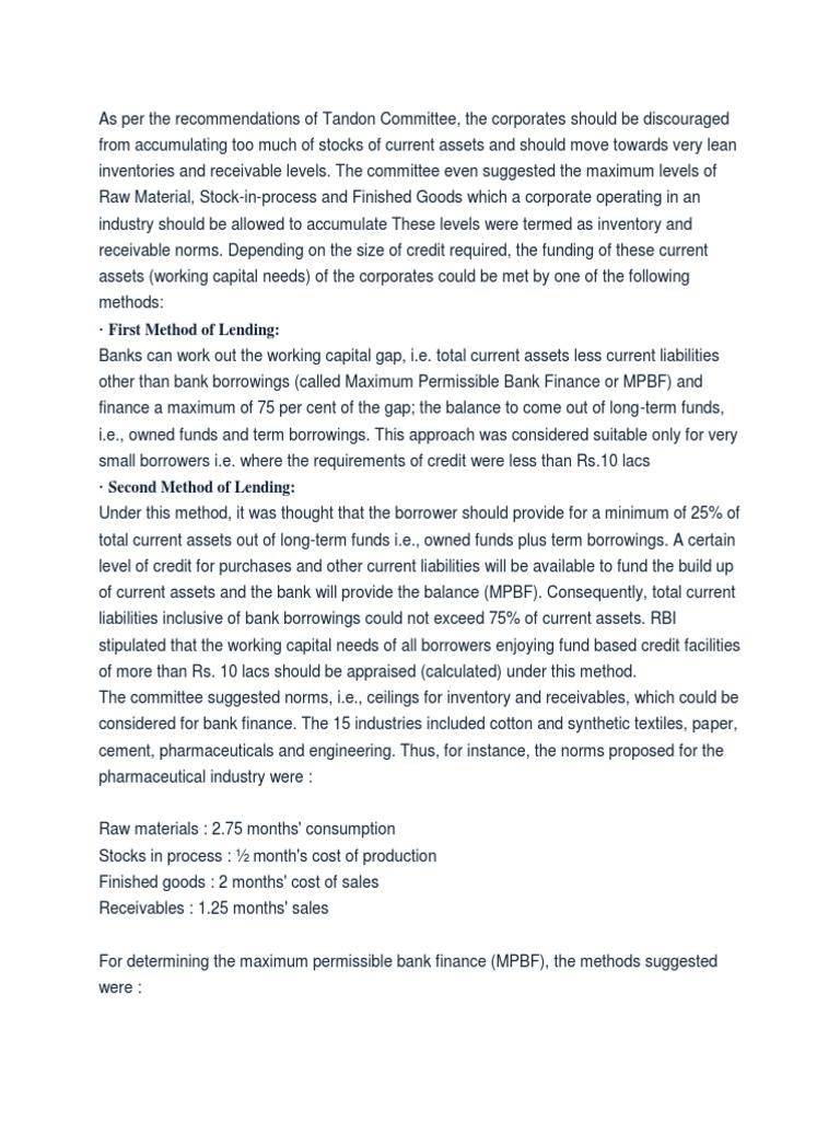 Tandon Committee's Working Capital Guidelines | PDF | Credit (Finance ...