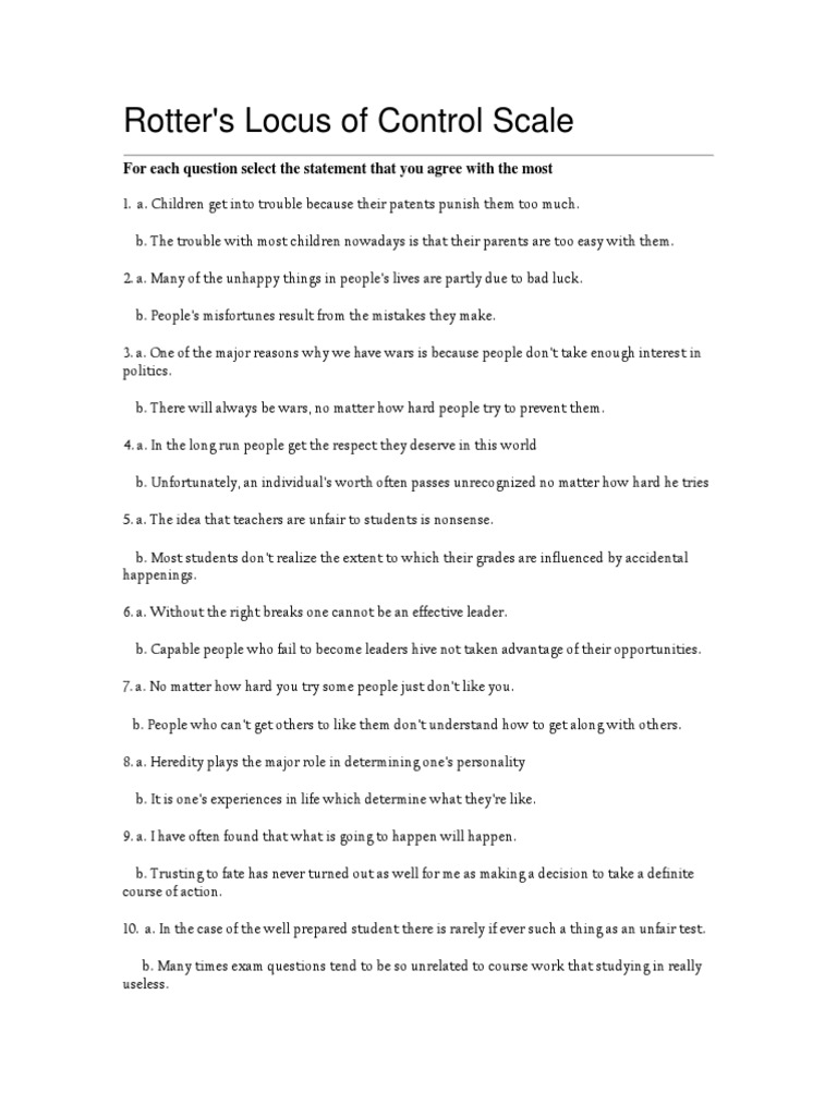 Rotter Locus of control handout | Luck | Cognition