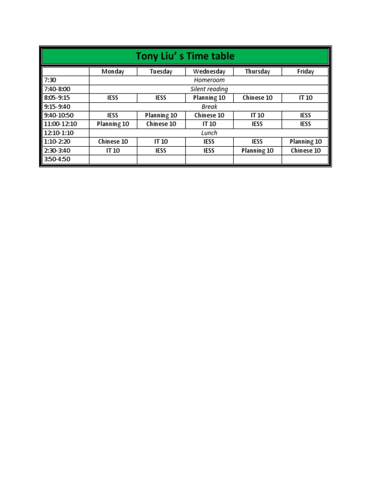 Tony Liu's Weekly Class Schedule | PDF