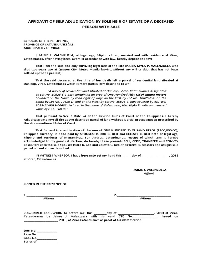Affidavit of Self Adjudication by Sole Heir of Estate of a Deceased
