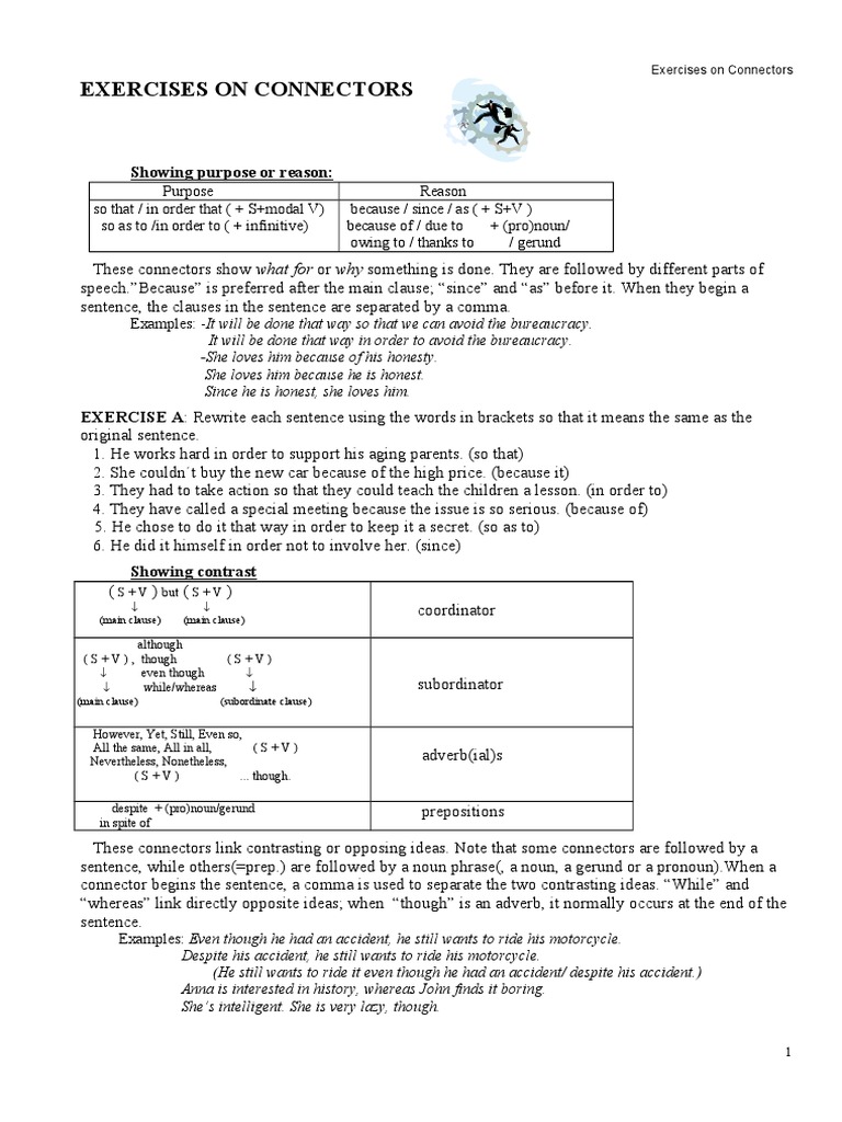 Exercises On Connectors: Showing Purpose or Reason | PDF | Sentence ...