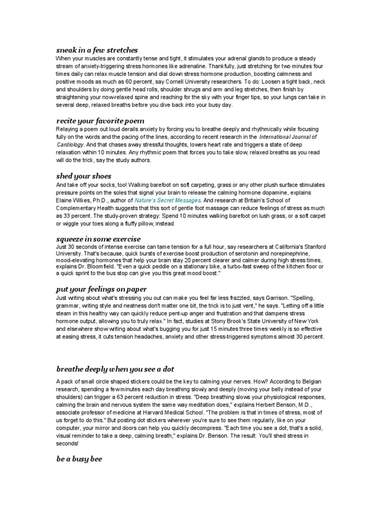 15 Quick Stress Relief Techniques | PDF | Stress (Biology) | Cortisol