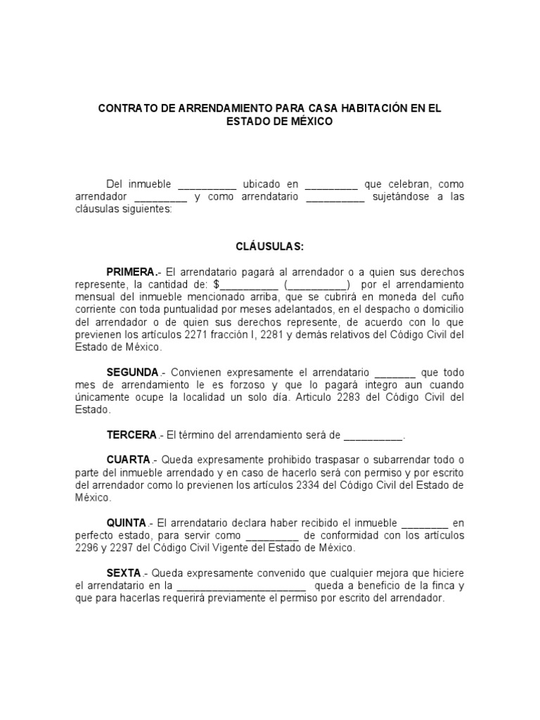 Contrato De Arrendamiento Para Casa Habitacin En El Estado De Mxico 1