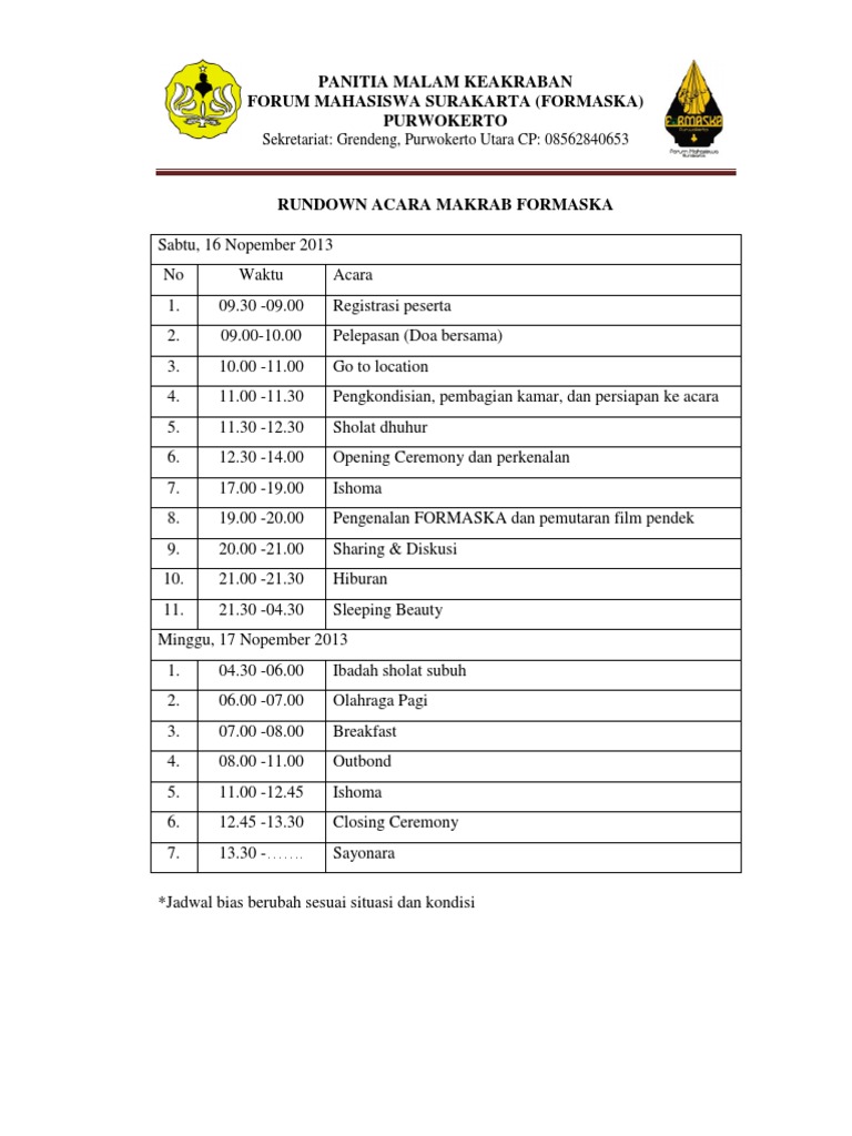 Rundown Acara Makrab FORMASKA 2013 | PDF