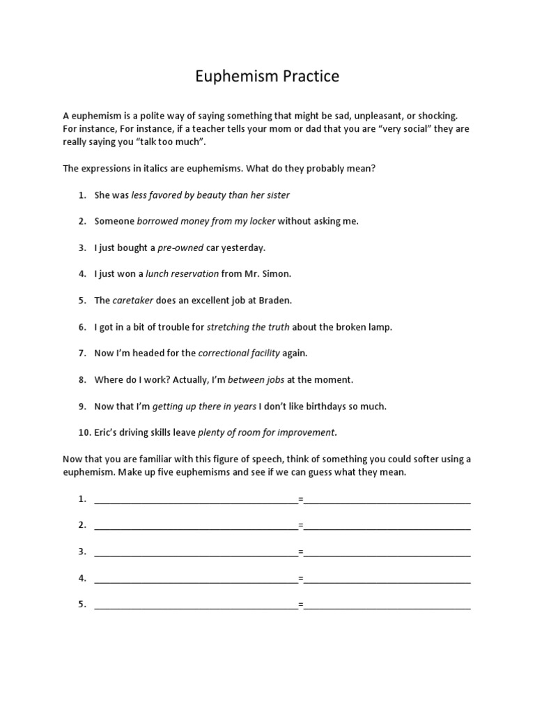 Euphemism Practice Worksheet | PDF