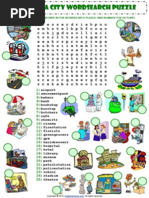 Places In A City Wordsearch Puzzle Vocabulary Worksheet Pdf Word Search Games Of Mental Skill