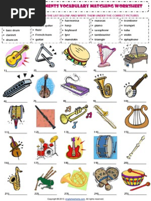 musical instruments vocabulary matching exercise worksheet pdf