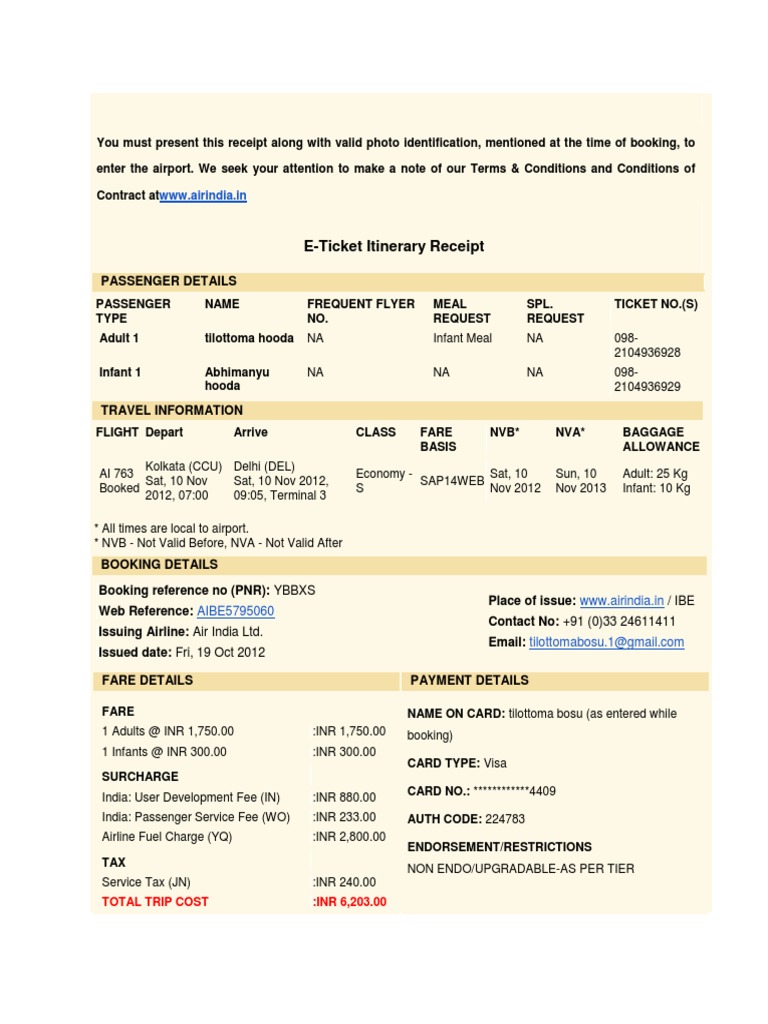 Air India Booking Reference No