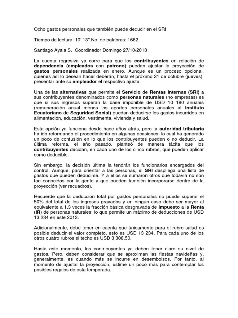 Gastos Deducibles en el SRI 2025 | PDF | Impuesto sobre la renta ...