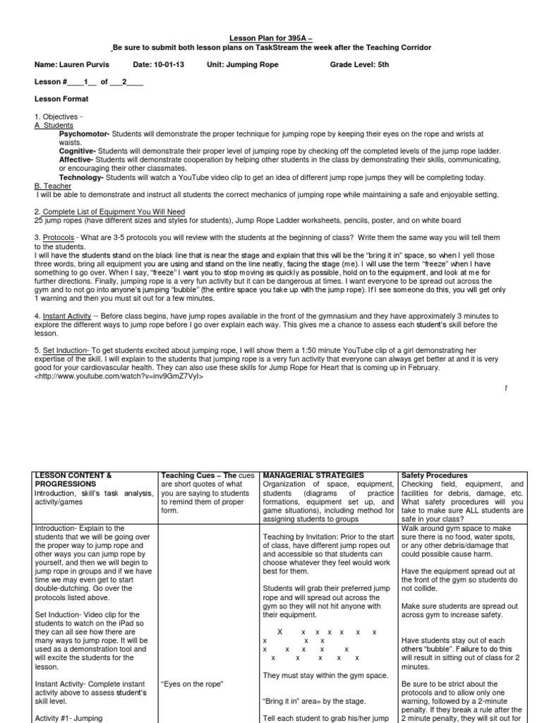 5th Grade Jump Rope Lesson Plan | PDF | Rope | Lesson Plan