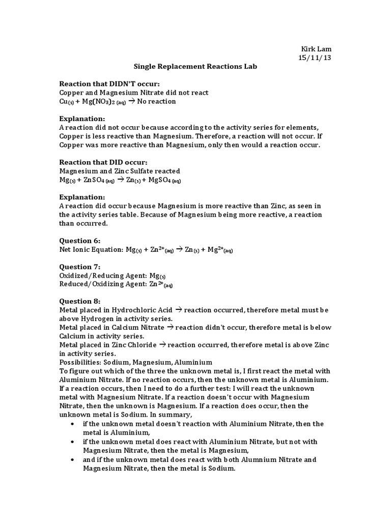 Single Replacement Lab | PDF