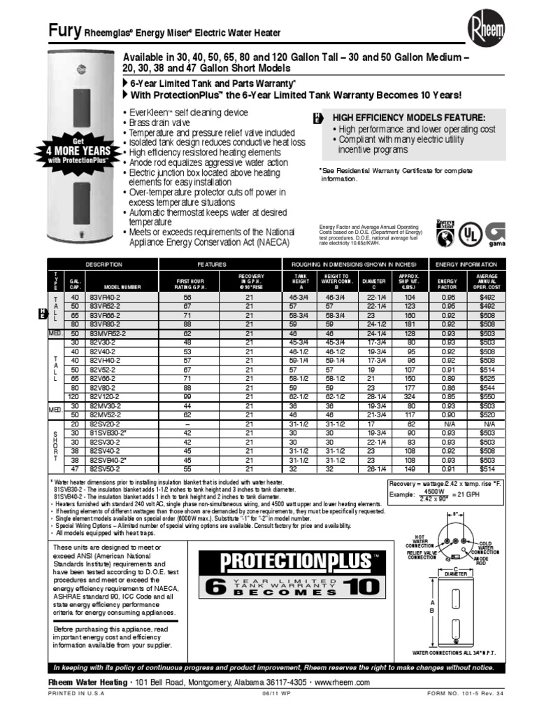 Fury Electric Spec Sheet | PDF | Hvac | Water Heating